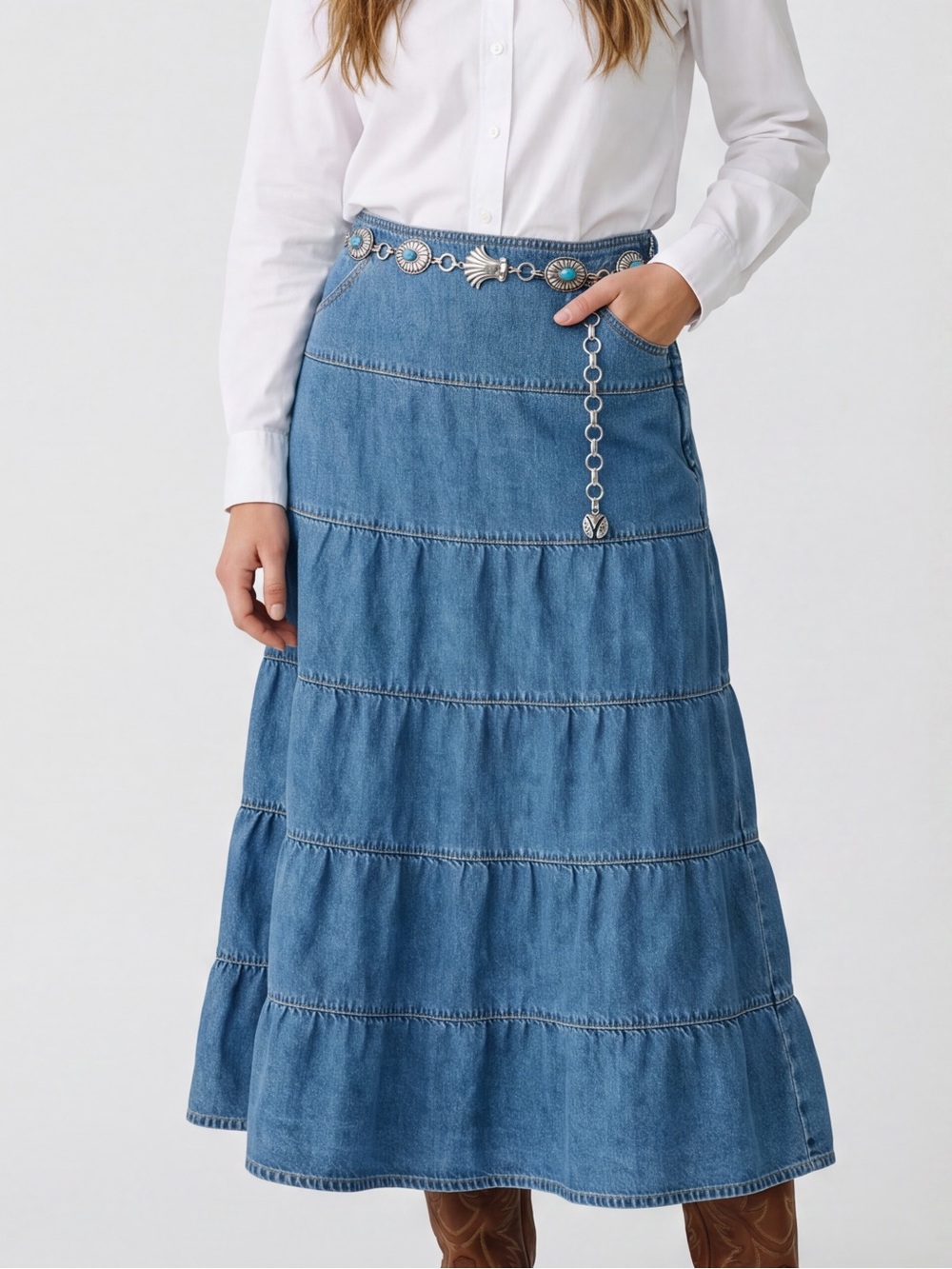 Vintage Y2K Zena Jeans Tiered Denim Maxi Boho Prairie jean skirt south western